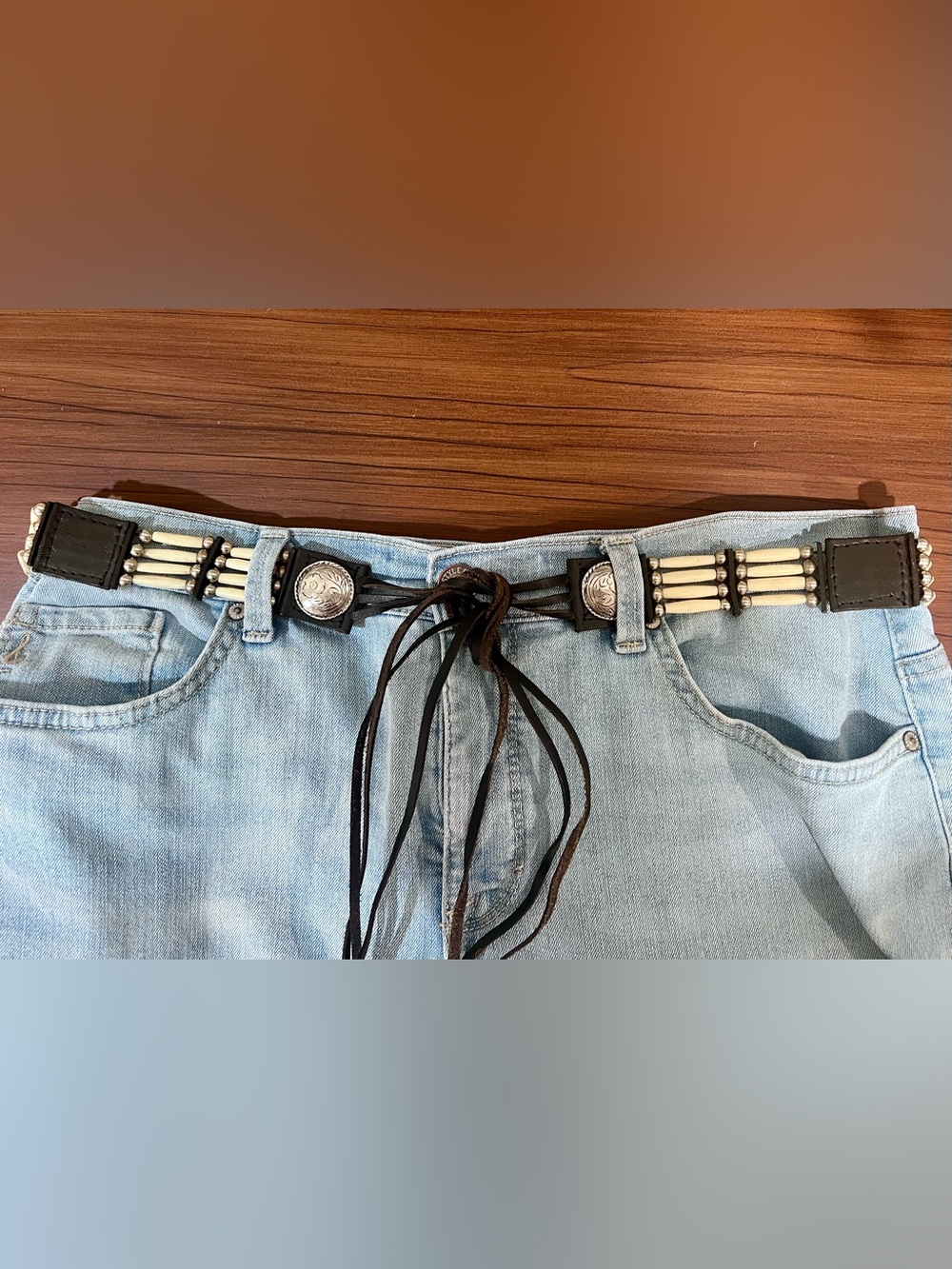 Handmade Boho Western Leather Belt with Bone Beads & Silver Conchos | Lace Tie